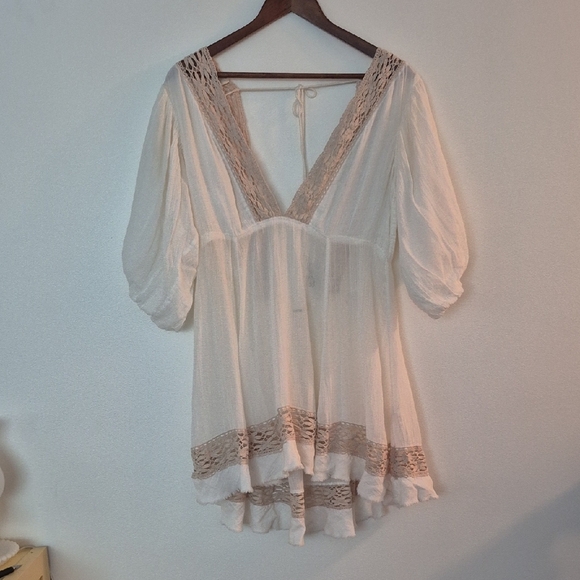 NWOT Free People Boho Festival Gauzy Cotton Dress Crochet Trim Oversized - Picture 1 of 8